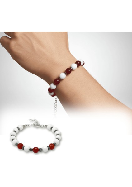 Gümüş Renk Metal Zincir Küre Kesim Kırmızı Beyaz Jade Akik Hematit Doğaltaş Erkek Taraftar Bileklik fiyatları