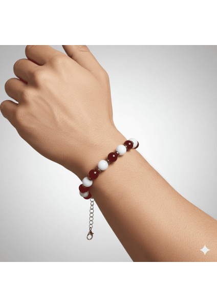 Gümüş Renk Metal Zincir Küre Kesim Kırmızı Beyaz Jade Akik Hematit Doğaltaş Erkek Taraftar Bileklik modelleri