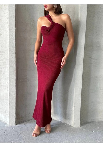 Lvsqvr Krinkıl Tek Omuz Uzun Elbise Bordo S25455 (Beden: L)