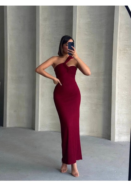 Lvsqvr Krinkıl Tek Omuz Uzun Elbise Bordo S25455 (Beden: L) fiyatları