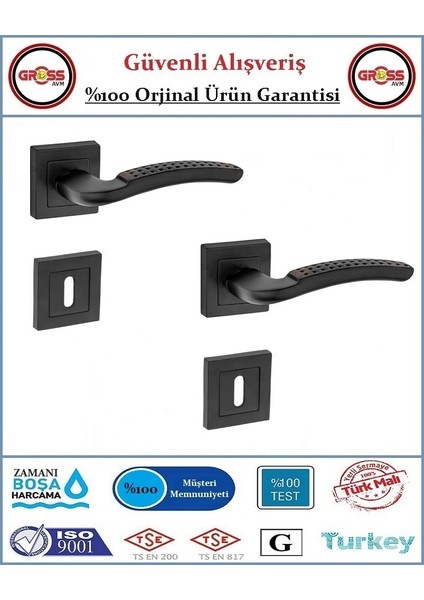 Noktalı Rozetli Oda Kapı Kolu - Mat Siyah - 1 Takım Ön ve Arka