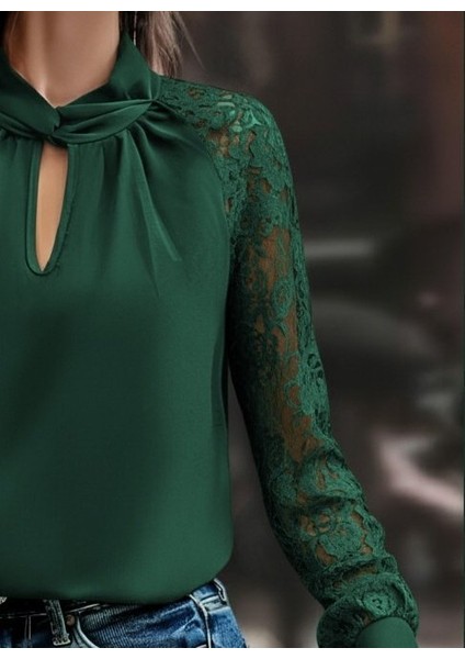 Kadın Uzun Kollu Yaka Düğme Detay Güpürlü Kol Krep Bluz fiyatları