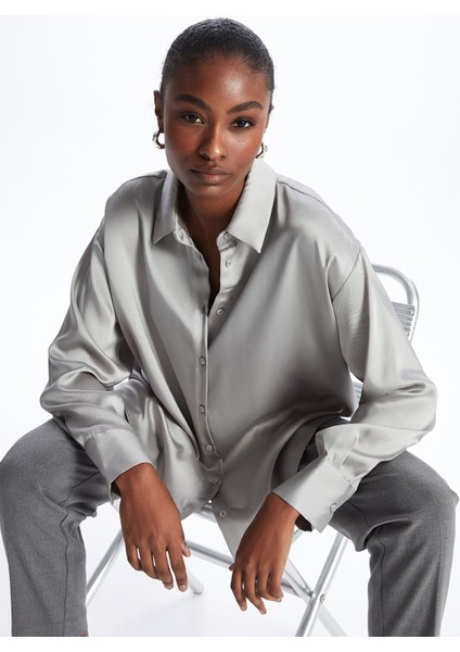 Yeni Sezon Düz Uzun Kollu Oversize Saten Kadın Gömlek