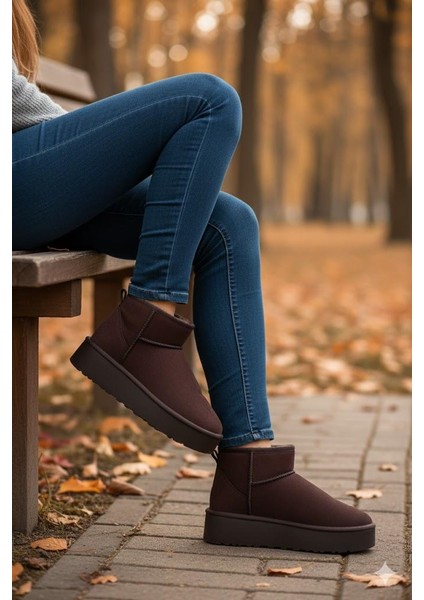 Elanaz Süet Içi Kürklü Kalın Taban Mini Boy Bilekte Kısa Kadın Bot