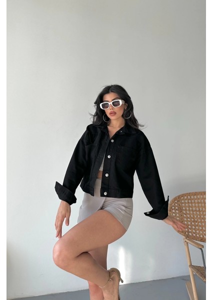 Nrtmsa Çift Cepli Kol Katlamalı Süper Taş Enzim Yıkamalı Crop Kot Ceket Siyah D2000 (Beden: S) fiyatları