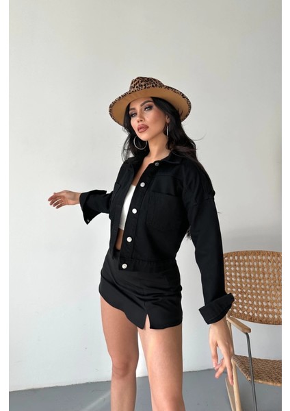 Nrtmsa Çift Cepli Kol Katlamalı Süper Taş Enzim Yıkamalı Crop Kot Ceket Siyah D2000 (Beden: S) indirimleri