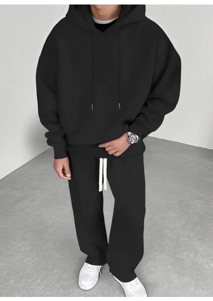 Büyük Beden Özel Tasarım Kapüşonlu Düz Renk %100 Pamuk Kışlık 3 Iplik Düz Paça Erkek Eşofman Takımı