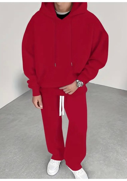 Büyük Beden Özel Tasarım Kapüşonlu Düz Renk %100 Pamuk Kışlık 3 Iplik Düz Paça Erkek Eşofman Takımı