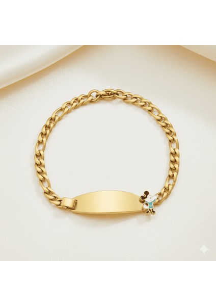 Çocuk Çelik Bileklik - Isme Özel Yazılı - Altın Renk - Mickey Mouse Figürlü - Figaro Zincirli fırsatları