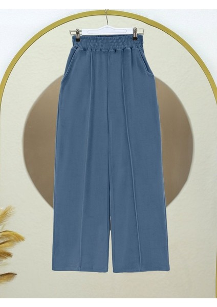 Çımalı Beli Lastikli Kadife Pantolon -Mavi