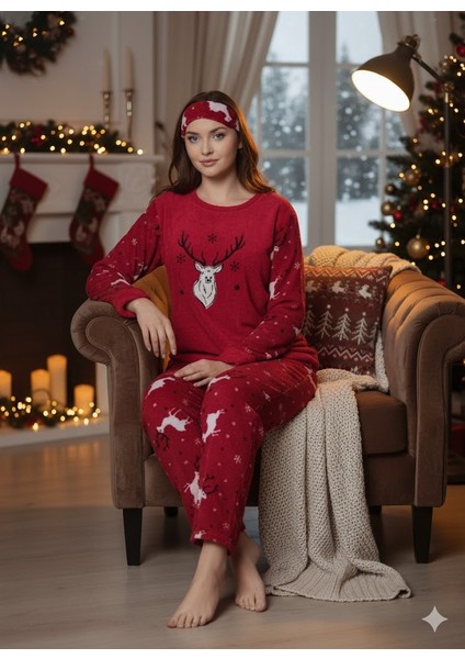 Yılbaşı Temalı Kadın Polar Pijama Takımı - Uyku Bantlı - Kışlık Pijama Takımı