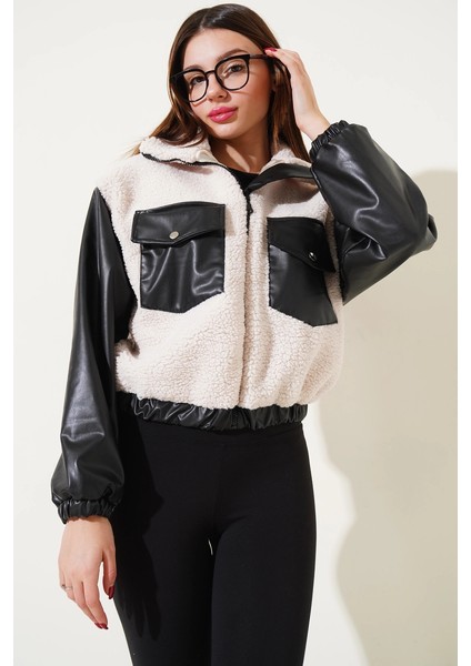 Nrtmsa Deri Garnili Cepli Peluş Mont Siyah T1253 (Beden: S)