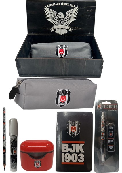 Beşiktaş Orjinal Lisanslı Beyaz Air Kalemtraş Ahşap Kutulu 6'lı Kırtasiye Seti