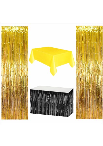 Sarı Masa Örtüsü, Siyah Masa Eteği, 2 Adet Gold Arka Fon