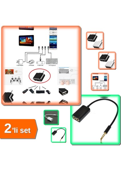USB To Type - C Ye Dönüştürücü - Klavye Mouse Joystick Bağlama + Kulaklık Çoklayıcı - 2li Set J0L2W0