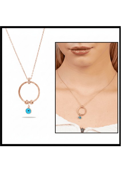 Beyaz Zirkon Taşlı Nazar Boncuğu Detaylı Dorika Top Süslemeli Rose Renk 925 Ayar Gümüş Kadın Kolye fiyatları