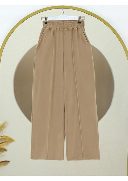 Çımalı Beli Lastikli Kadife Pantolon -Vizon