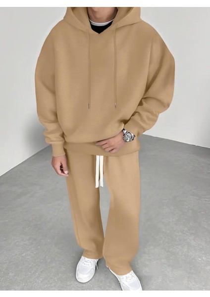 Büyük Beden Özel Tasarım Kapüşonlu Düz Renk %100 Pamuk Kışlık 3 Iplik Düz Paça Erkek Eşofman Takımı