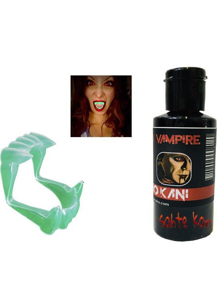Fosforlu Çift Damak Takma Vampir Dişi ve 50 gr Tiyatro Kanı (5358)