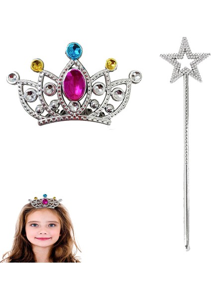 Çocuklar Için Taraklı Prenses Tacı ve Prenses Yıldız Asa Seti Gümüş