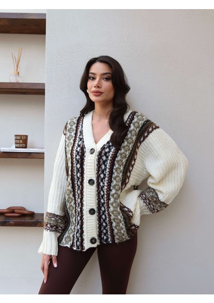 V Yaka Etnik Desen Triko Hırka