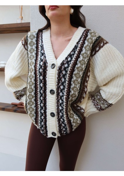 V Yaka Etnik Desen Triko Hırka modelleri