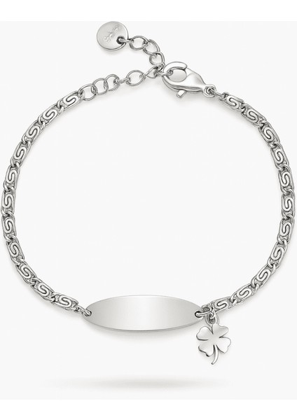 Çocuk Çelik Bileklik - Isme Özel Yazılı - Gümüş Renk - Yonca Yaprağı Detaylı - Espanzer Zincirli