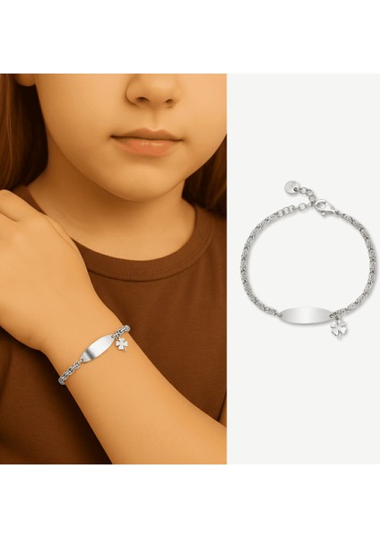 Çocuk Çelik Bileklik - Isme Özel Yazılı - Gümüş Renk - Yonca Yaprağı Detaylı - Espanzer Zincirli fiyatları