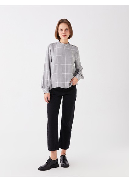 Yeni Sezon Bisiklet Yaka Ekose Uzun Kollu Kadın Bluz