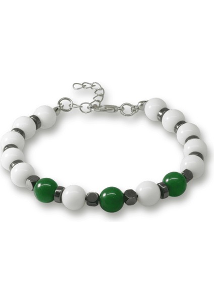 Gümüş Renk Metal Zincirli Küre Kesim Yeşil Beyaz Jade Hematit Doğaltaş Erkek Taraftar Bileklik