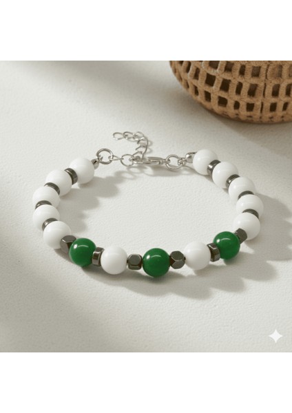 Gümüş Renk Metal Zincirli Küre Kesim Yeşil Beyaz Jade Hematit Doğaltaş Erkek Taraftar Bileklik fırsatları