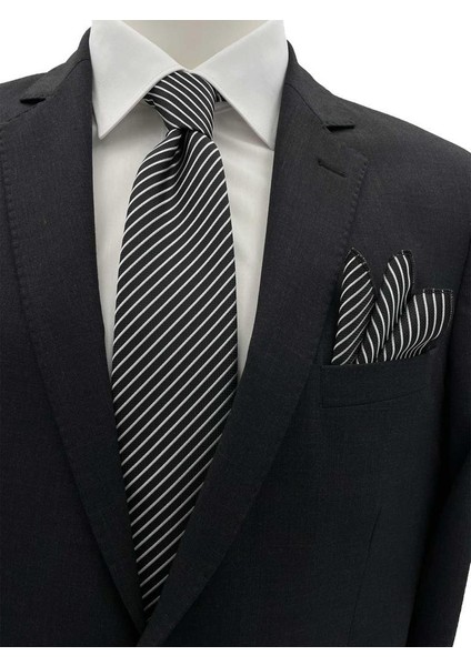 7.5 cm Siyah Beyaz Çizgili Kravat Mendil Set