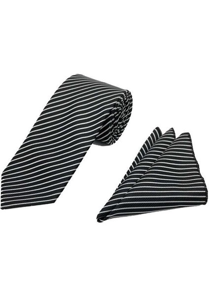 7.5 cm Siyah Beyaz Çizgili Kravat Mendil Set fiyatları