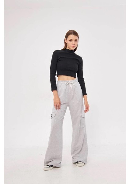 Kargo Cepli Palazzo Oversize Kesim Iki Iplik Bol Paça Eşofman Altı Pantalon - Gri modelleri