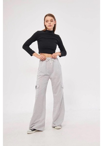 Kargo Cepli Palazzo Oversize Kesim Iki Iplik Bol Paça Eşofman Altı Pantalon - Gri