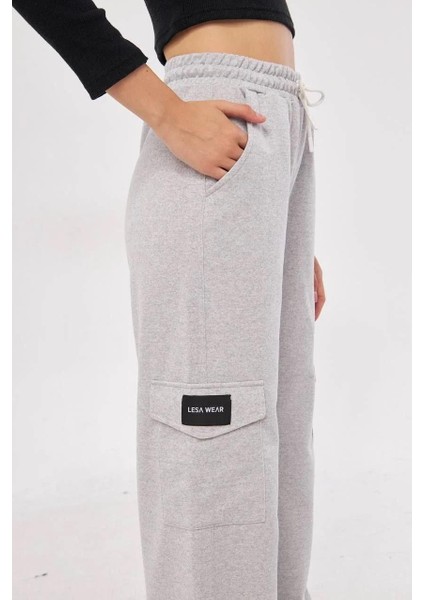 Kargo Cepli Palazzo Oversize Kesim Iki Iplik Bol Paça Eşofman Altı Pantalon - Gri