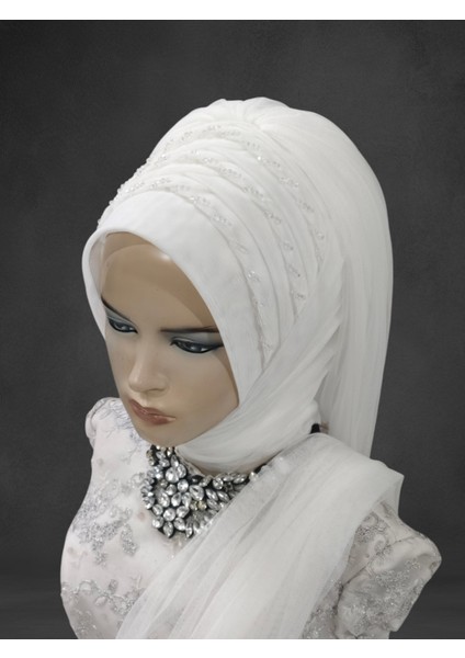 3 Sıra Işlemeli Gelinbaşı Hazır Duvak Hazır Türban Abiye Şal