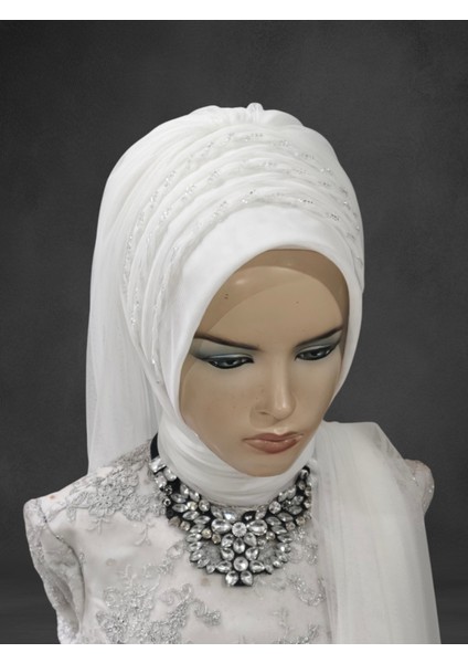 3 Sıra Işlemeli Gelinbaşı Hazır Duvak Hazır Türban Abiye Şal indirimleri