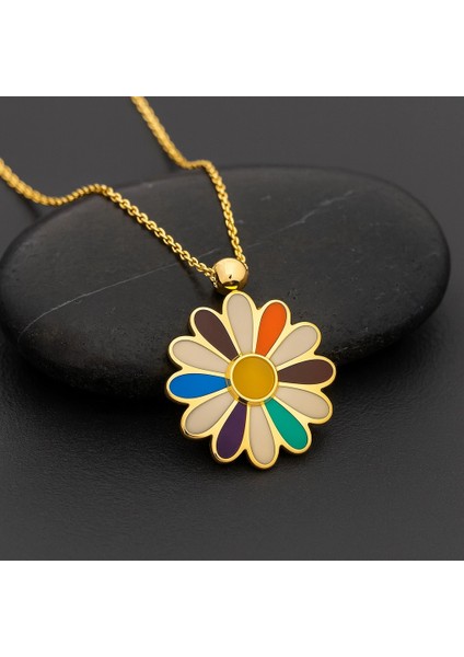 14 Ayar Altın Bahar Tasarımı Gökkuşağı Papatya Kolye