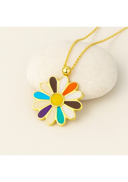 14 Ayar Altın Bahar Tasarımı Gökkuşağı Papatya Kolye indirimleri