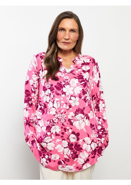 Yeni Sezon Kaçık Yaka Çiçekli Uzun Kollu Viskon Kadın Bluz modelleri
