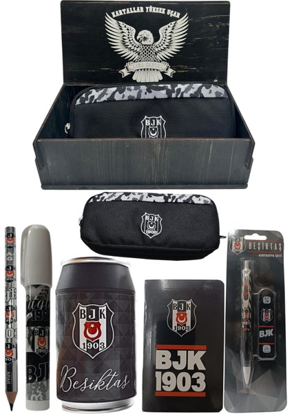 Beşiktaş Orjinal Lisanslı Siyah Kutu Kalemtraş Ahşap Kutulu 6'lı Kırtasiye Seti