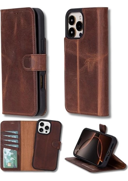 Apple iPhone 16 Pro Uyumlu, Hakiki Deri, El Yapımı, Cüzdanlı Kılıf, Antik Kahve fırsatları