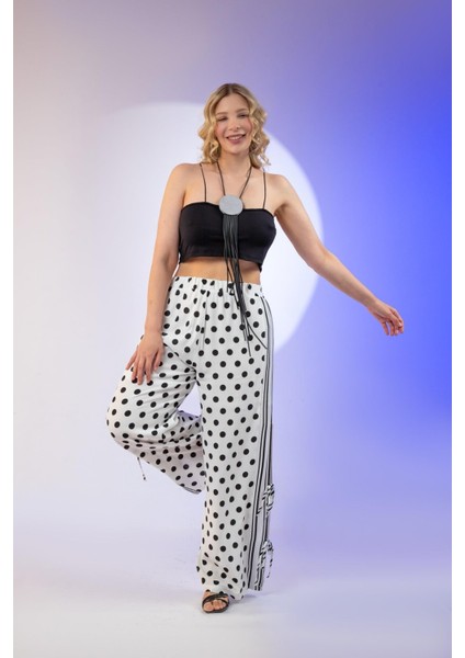 Kadın Büyük Beden Puantiyeli Bağcık Detay Beyaz Pantolon fırsatları