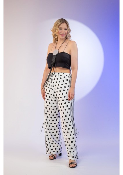 Kadın Büyük Beden Puantiyeli Bağcık Detay Beyaz Pantolon indirimleri