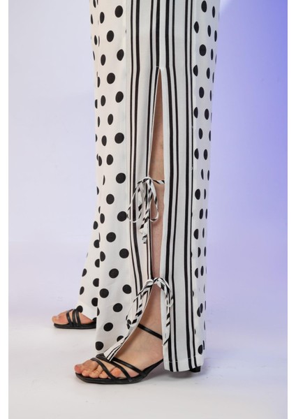 Kadın Büyük Beden Puantiyeli Bağcık Detay Beyaz Pantolon