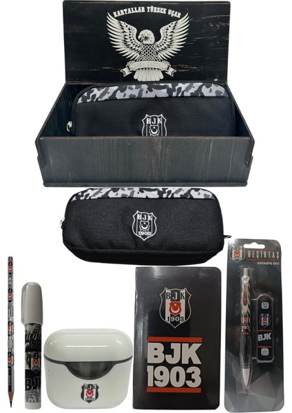 Beşiktaş Orjinal Lisanslı Beyaz Air Kalemtraş Ahşap Kutulu 6'lı Kırtasiye Seti