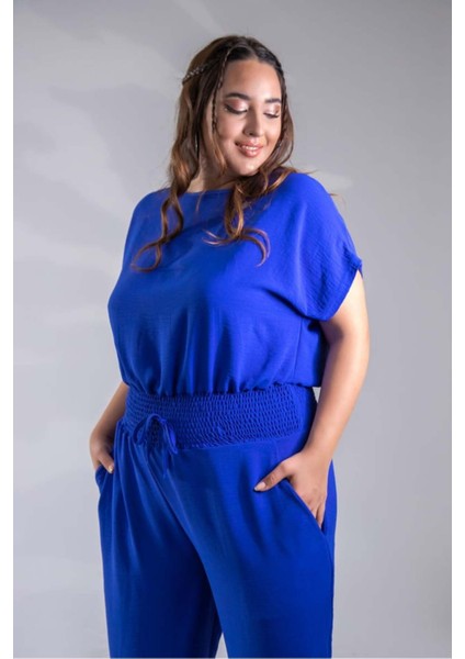 Kadın Büyük Beden 333474 Beli Gipeli Mavi Tulum