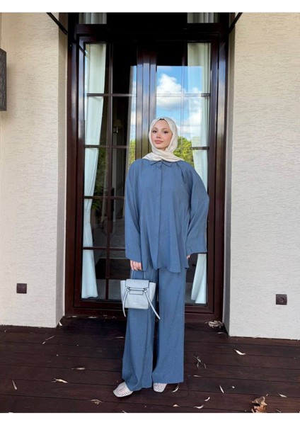 Kadın Taş Baskı Gömlek ve Pantolon Takım M41411 - Indigo Mavi