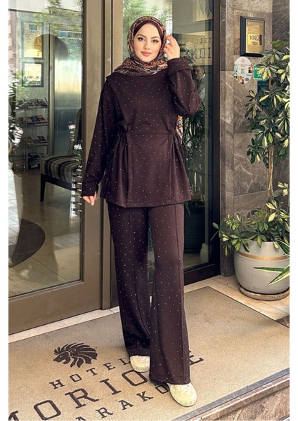 Kadın Taşlı Tünel Detaylı Takım 41448 - Kahverengi